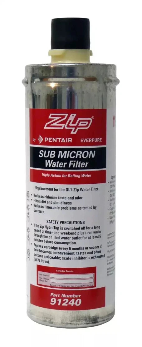A water filter cartridge with a label that includes the brand name 'Zip' and the product name 'HydroTap Submicron'. The filter is designed to reduce chlorine taste and odor, dirt, and cloudiness to 0.