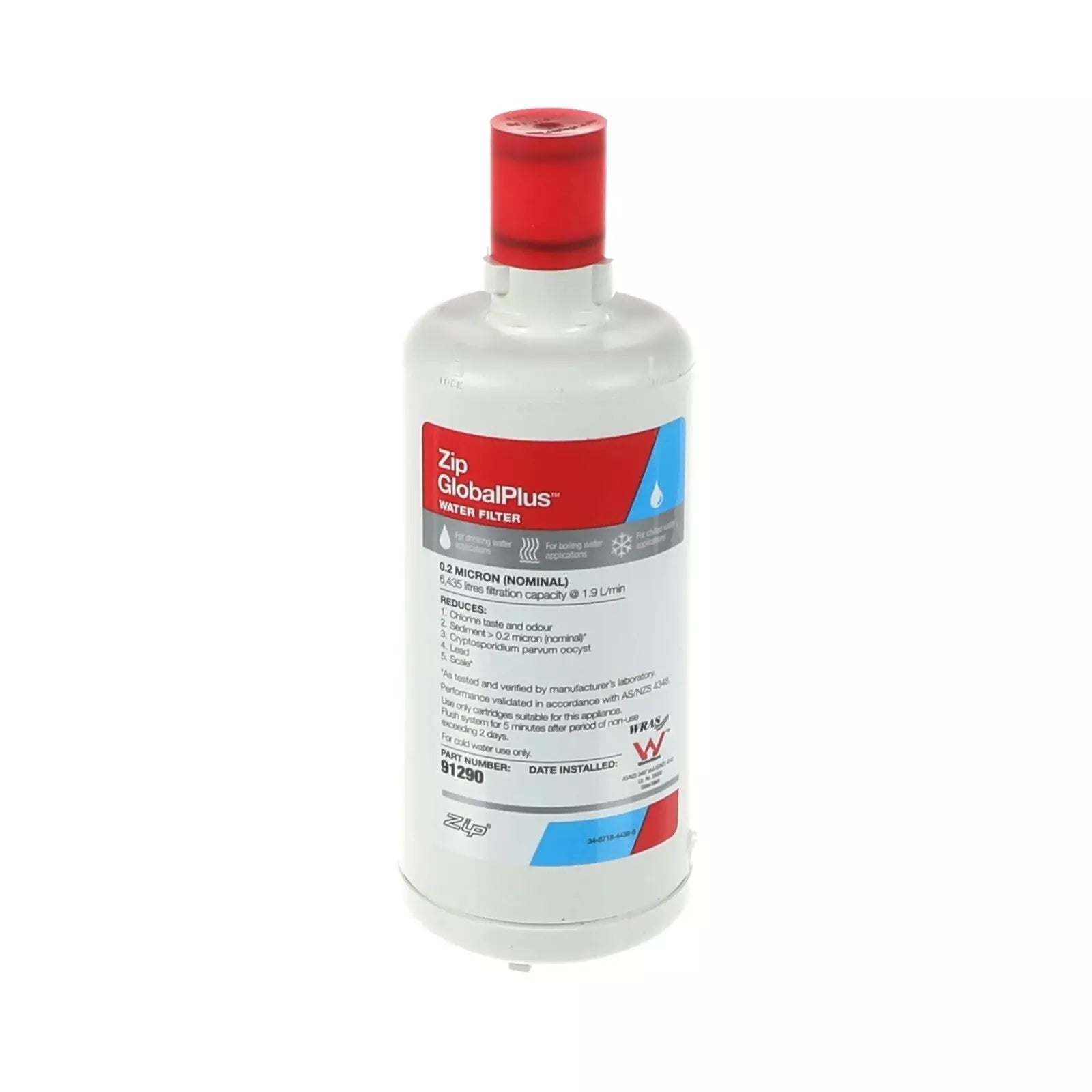 A water filter cartridge with a white body and red cap, labeled 'GLOBALPLUS FILTER', for use with Zip HydroTap G4 models.